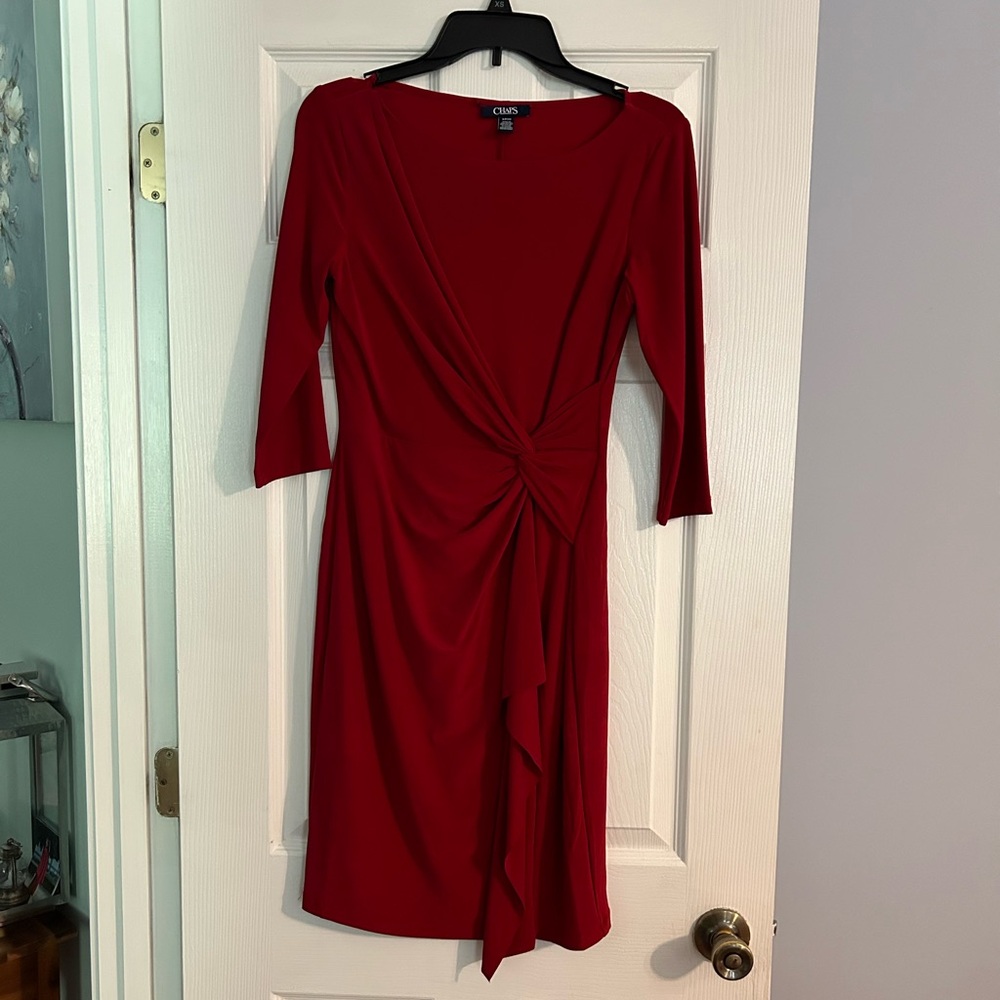 Red midi pencil chaps dress